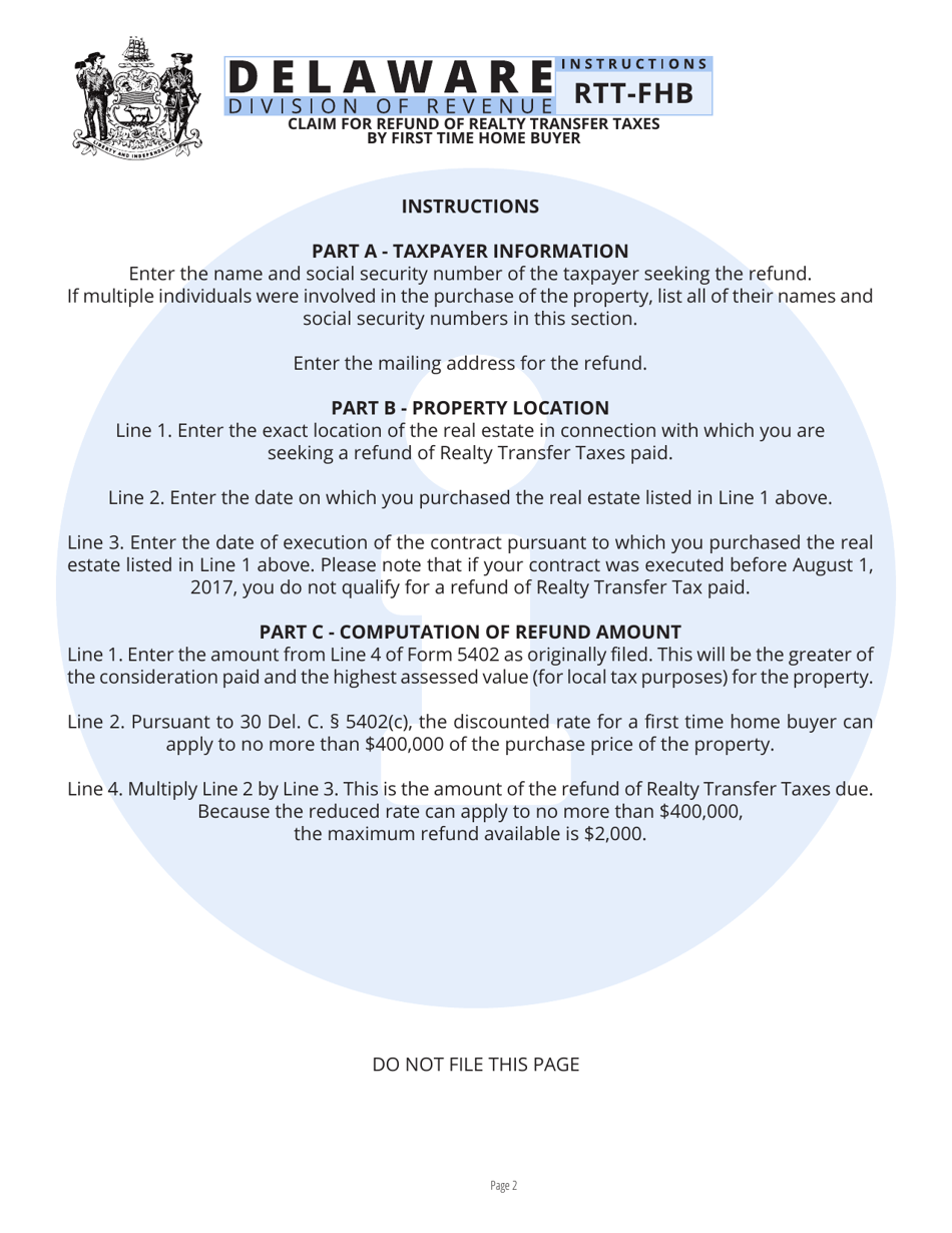 Form RTT-FHB Claim for Refund of Realty Transfer Taxes by First Time Home Buyer - Delaware, Page 2
