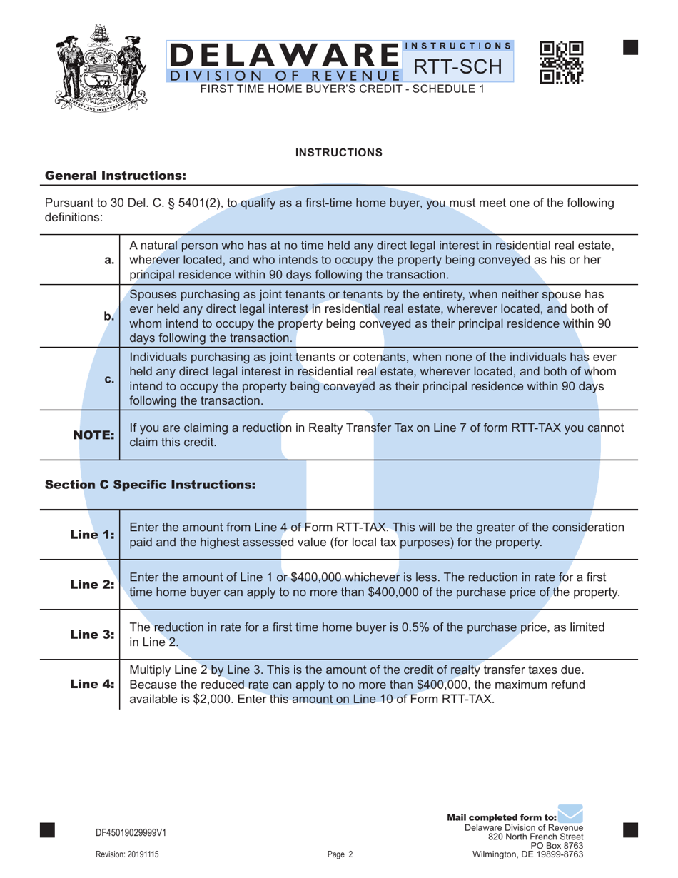 Form RTT-SCH Schedule 1 First Time Home Buyers Credit - Delaware, Page 2