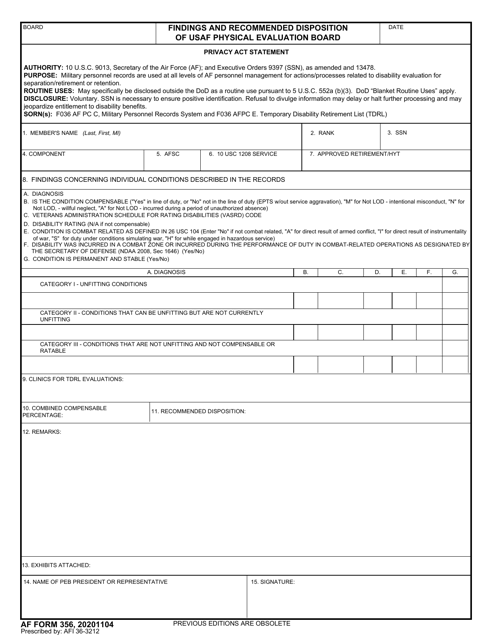 AF Form 356 Findings and Recommended Disposition of USAF Physical Evaluation Board
