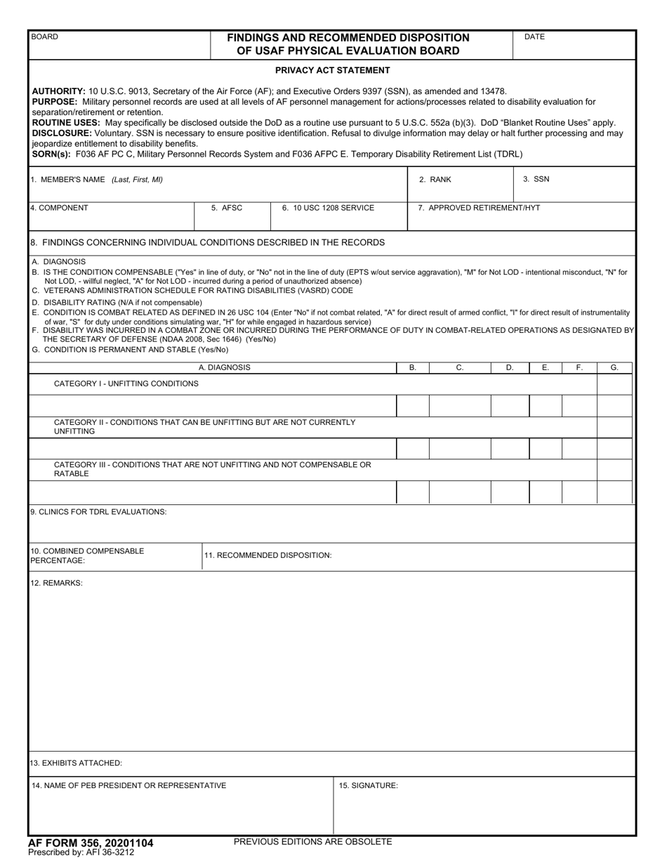 AF Form 356 Findings and Recommended Disposition of USAF Physical Evaluation Board, Page 1