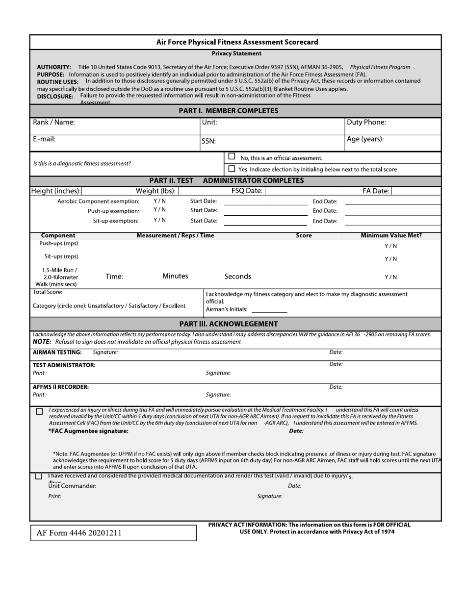 AF Form 4446 Air Force Fitness Assessment Scorecard, Page 1