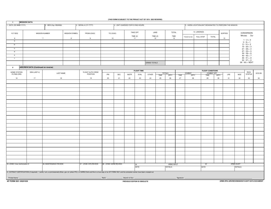AF Form 3521 Arms Rpa Aircrew / Mission Flight Data Document, Page 1