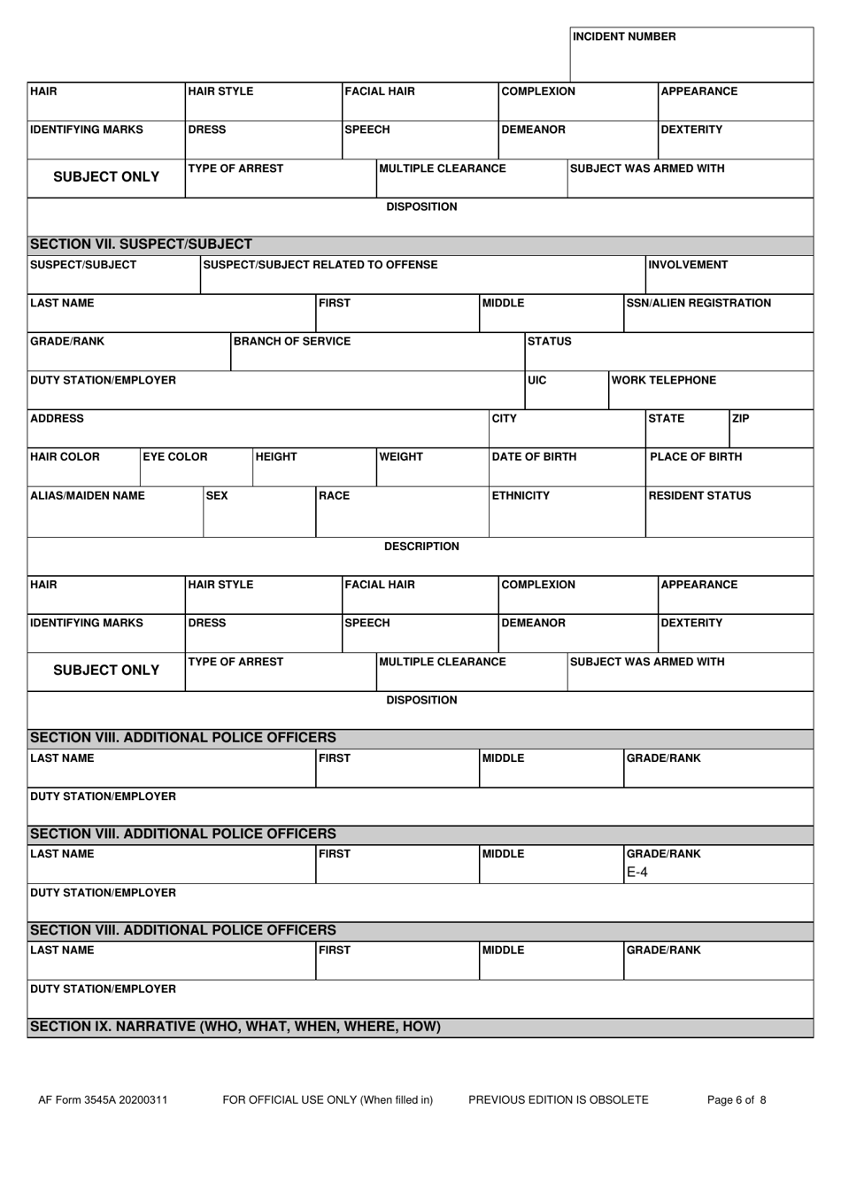 AF Form 3545A Incident Report, Page 6