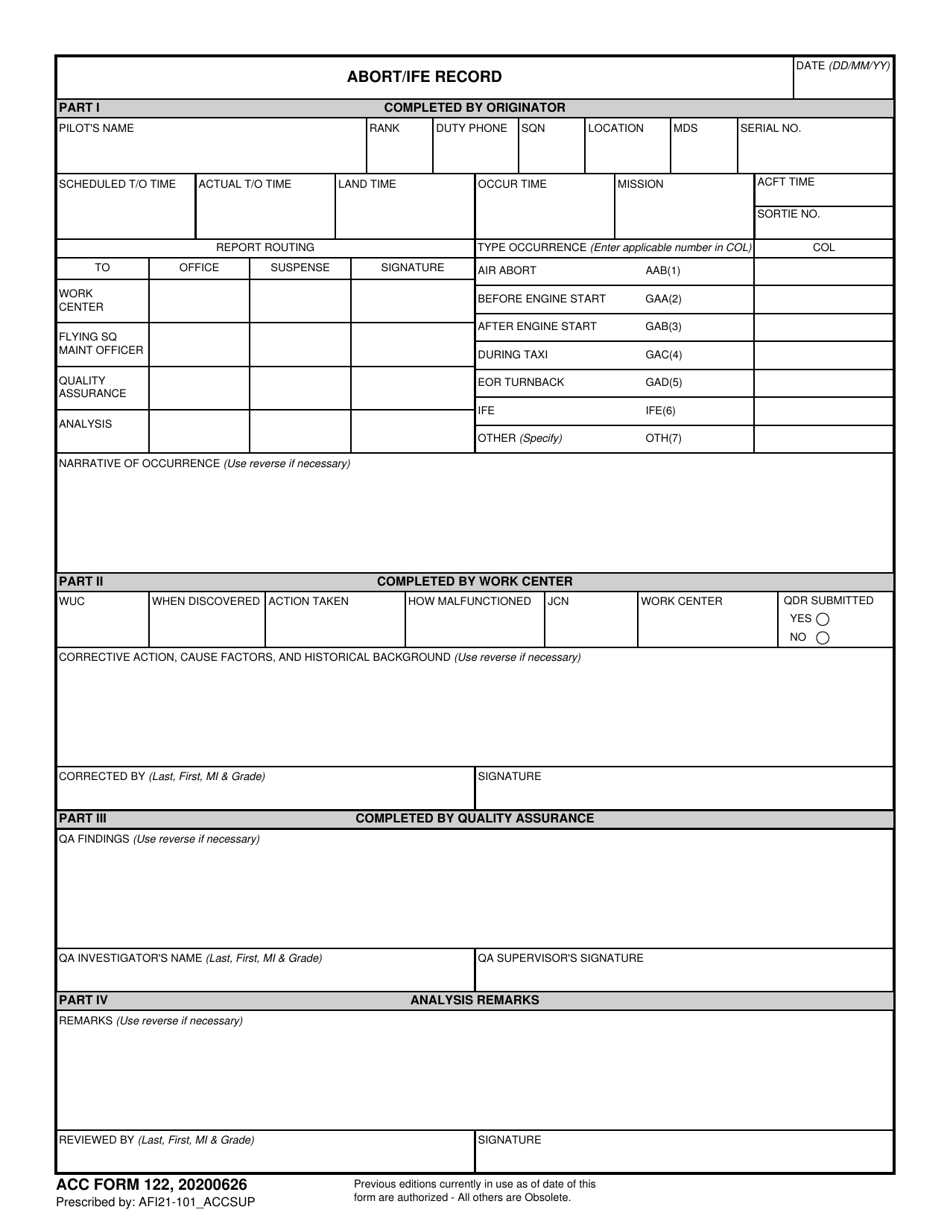 ACC Form 122 Abort / Ife Record, Page 1