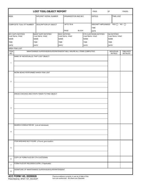 ACC Form 145 Lost Tool/Object Report