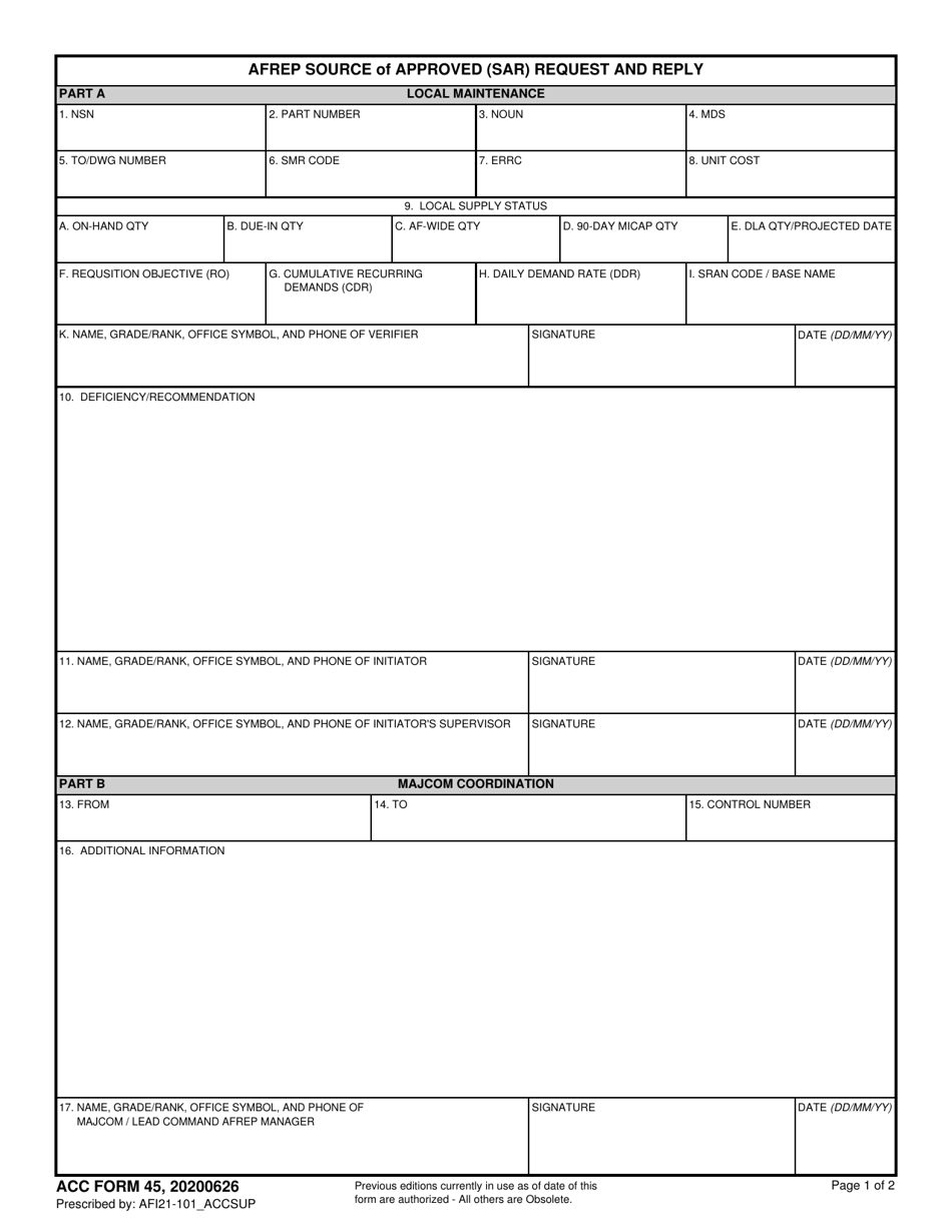 ACC Form 45 Afrep Source of Approved (Sar) Request and Reply, Page 1