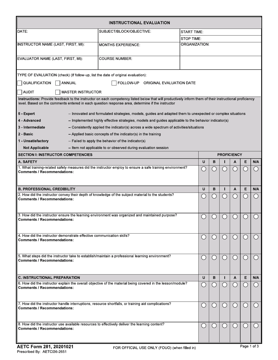 AETC Form 281 Instructional Evaluation, Page 1