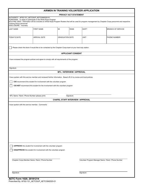 AETC Form 1620 Airmen in Training Volunteer Application