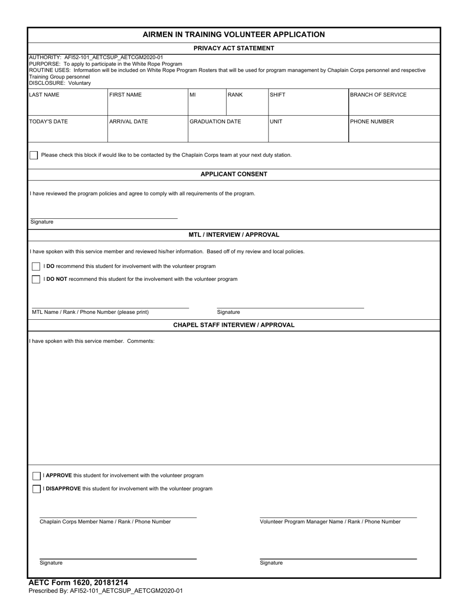 AETC Form 1620 Airmen in Training Volunteer Application, Page 1