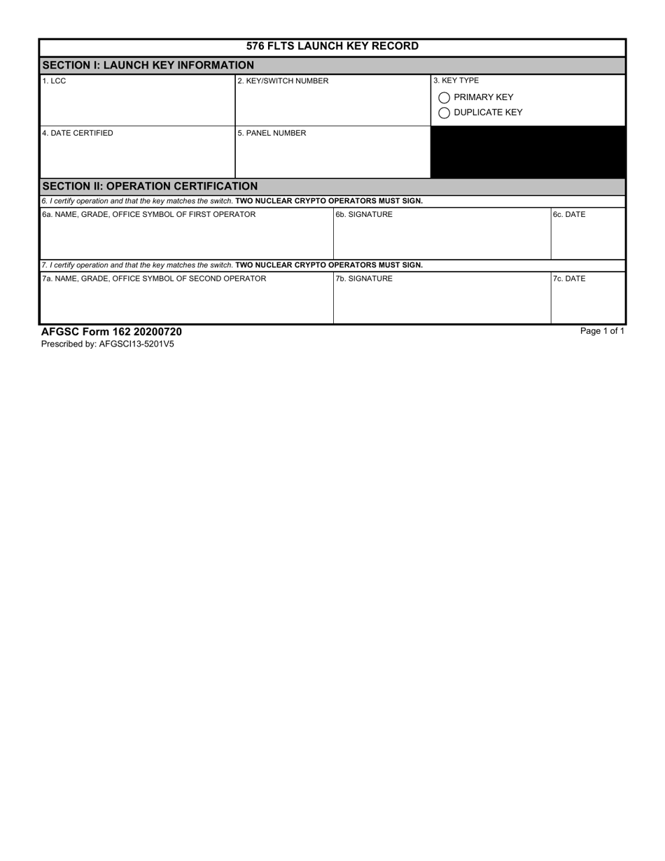 AFGSC Form 162 576 Flts Launch Key Record, Page 1