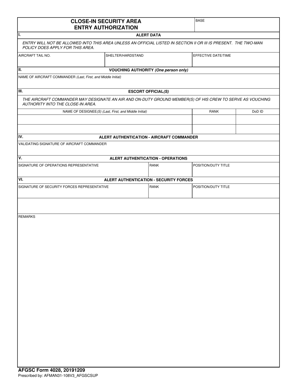 AFGSC Form 4028 Close-In Security Area Entry Authorization, Page 1