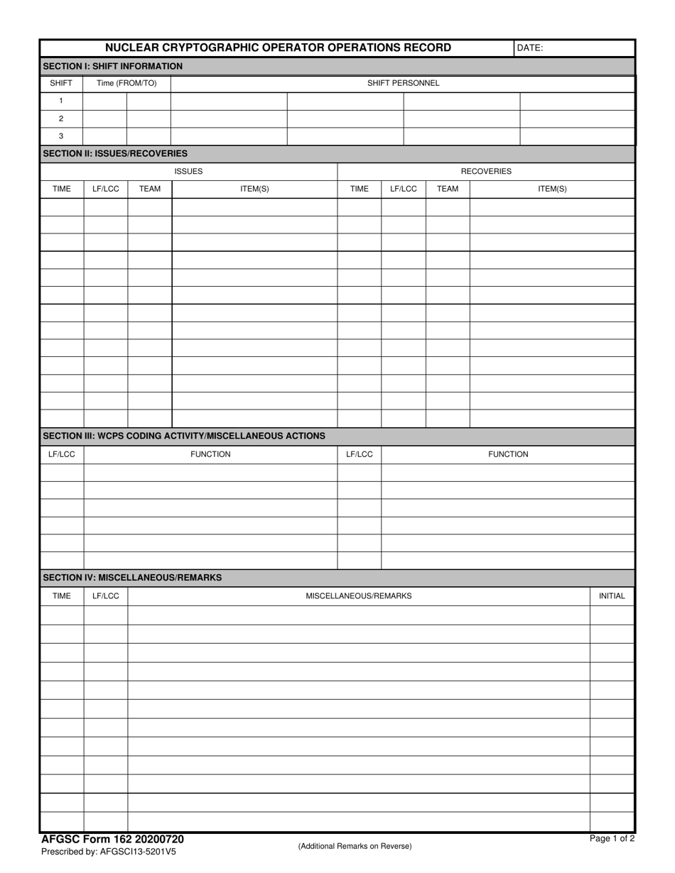 AFGSC Form 164 Nuclear Cryptographic Operator Operations Record, Page 1