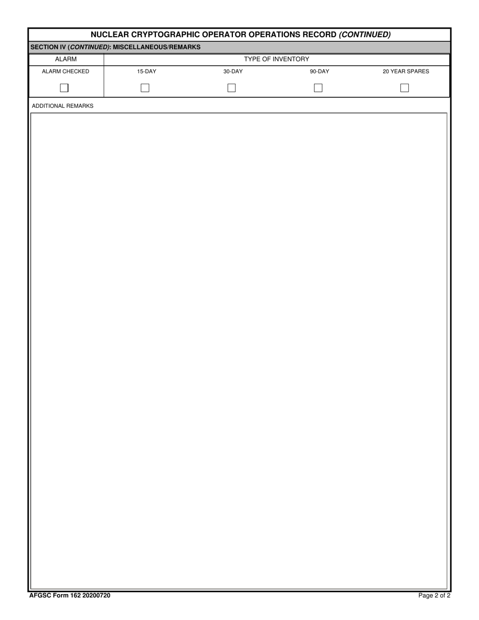 AFGSC Form 164 Nuclear Cryptographic Operator Operations Record, Page 2