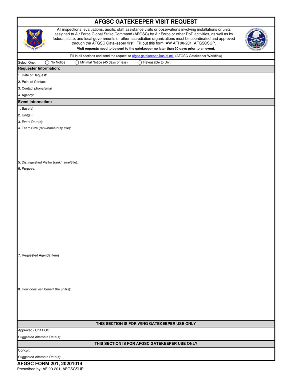 AFGSC Form 201 Afgsc Gatekeeper Visit Request, Page 1