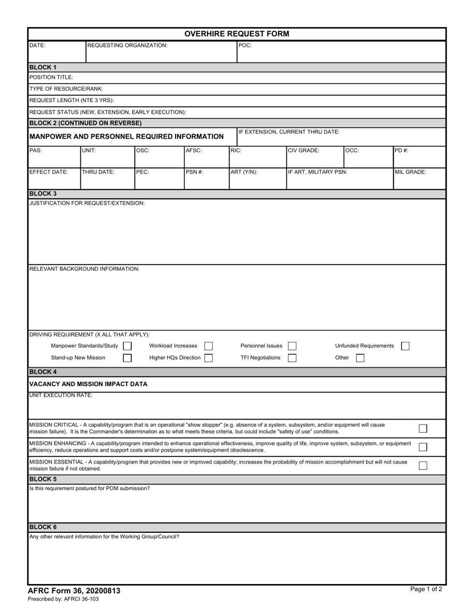 AFRC Form 36 Overhire Request Form, Page 1