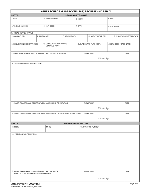 AMC Form 45 Afrep Source of Approved (Sar) Request and Reply