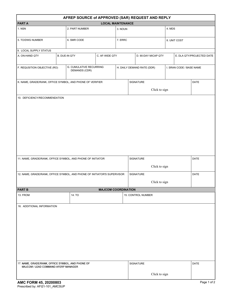 AMC Form 45 Afrep Source of Approved (Sar) Request and Reply, Page 1