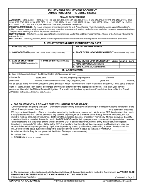 DD Form 4/1 AF Enlistment/Reenlistment Document Armed Forces of the United States