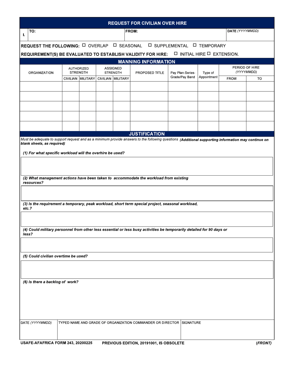 USAFE-AFAFRICA Form 243 Request for Civilian Over Hire, Page 1