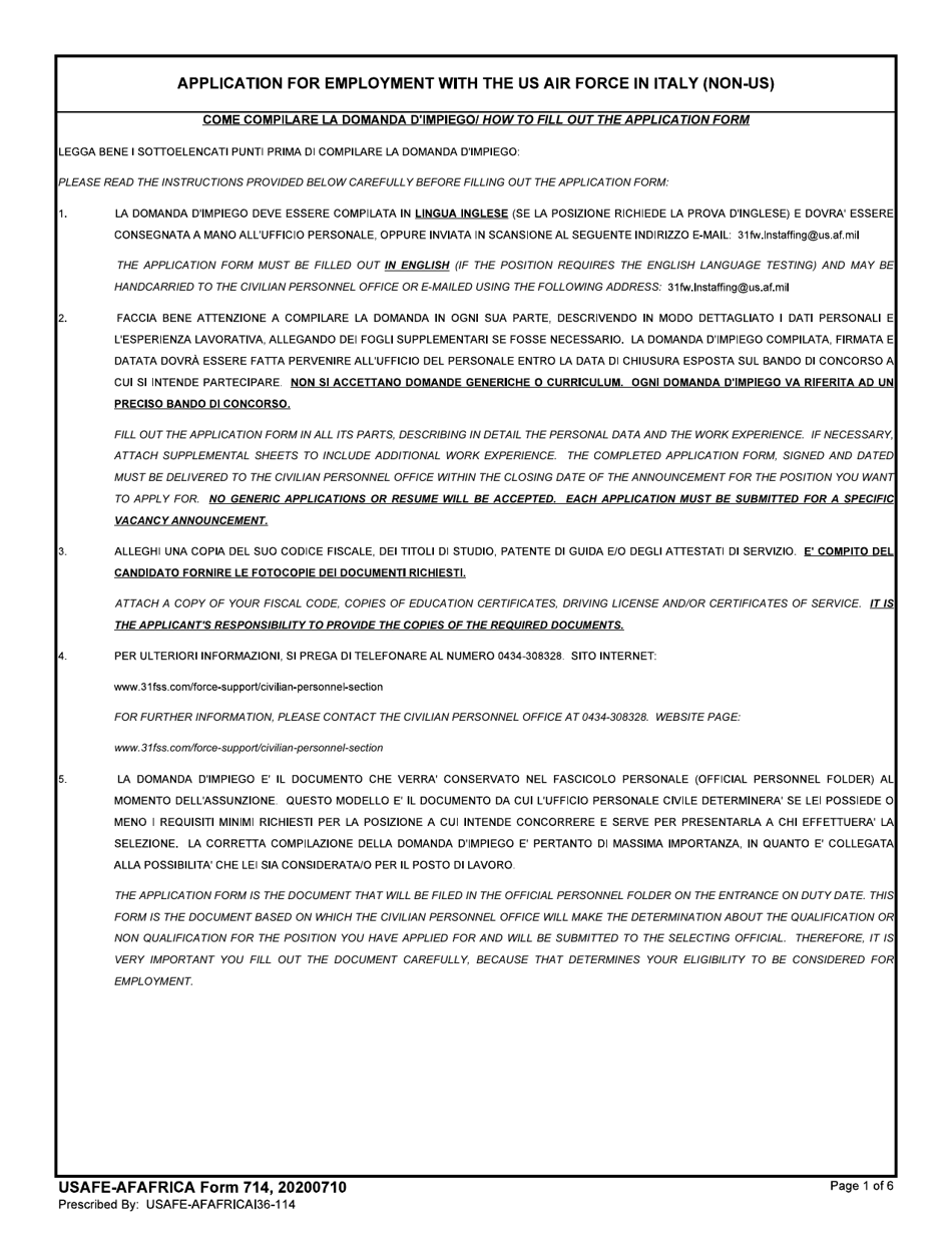 USAFE-AFAFRICA Form 714 Application for Employment With the US Air Force in Italy (Non-US) (English / Italian), Page 1