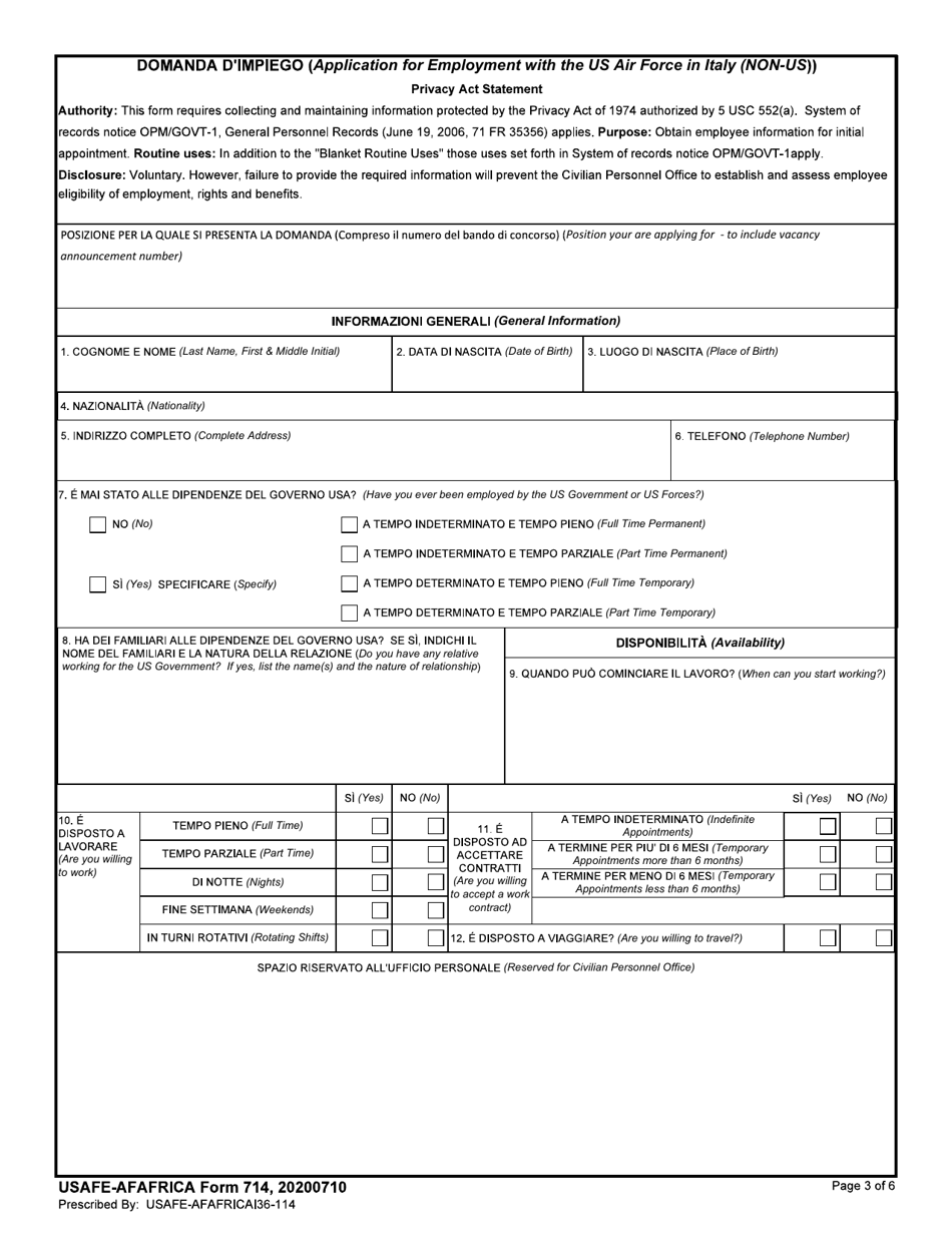 USAFE-AFAFRICA Form 714 Application for Employment With the US Air Force in Italy (Non-US) (English / Italian), Page 3