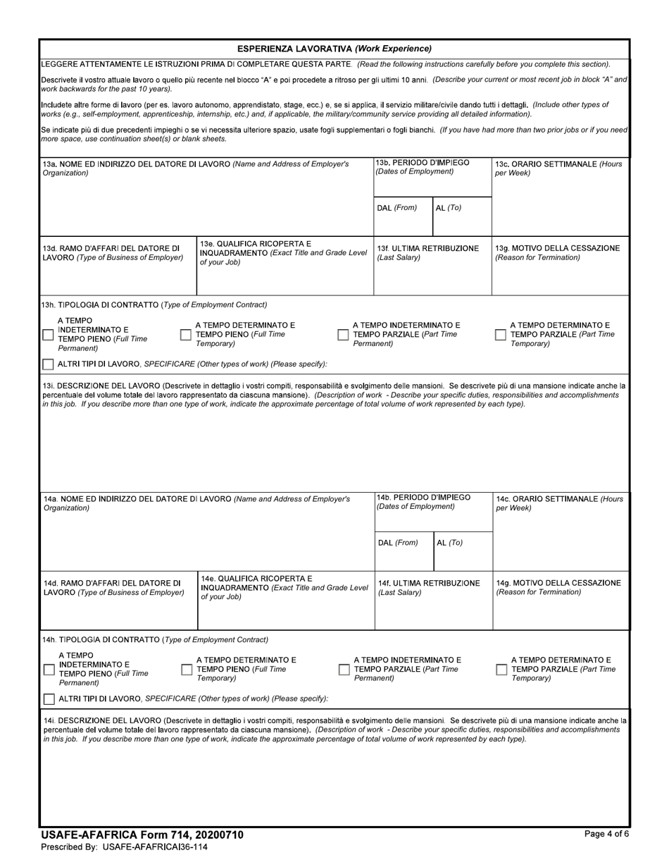 USAFE-AFAFRICA Form 714 Application for Employment With the US Air Force in Italy (Non-US) (English / Italian), Page 4