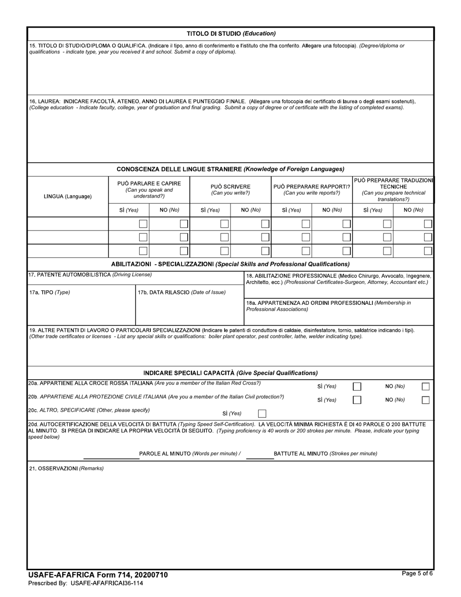 USAFE-AFAFRICA Form 714 Application for Employment With the US Air Force in Italy (Non-US) (English / Italian), Page 5