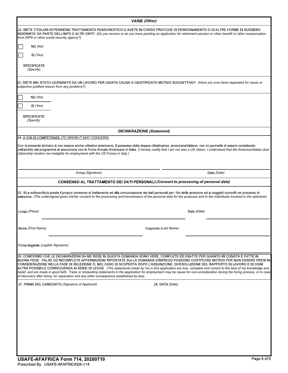 USAFE-AFAFRICA Form 714 Application for Employment With the US Air Force in Italy (Non-US) (English / Italian), Page 6