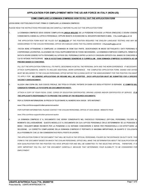 USAFE-AFAFRICA Form 714 Application for Employment With the US Air Force in Italy (Non-US) (English/Italian)