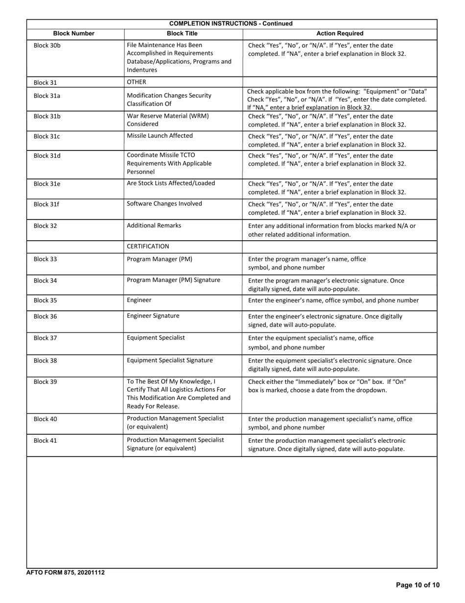 AFTO Form 875 Time Compliance Technical Order Programming Document, Page 10