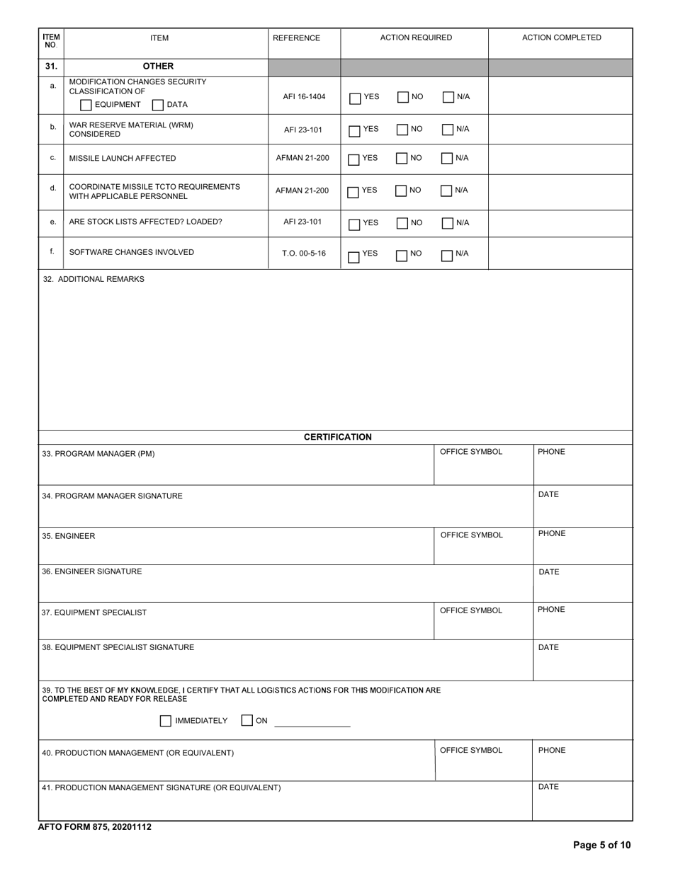AFTO Form 875 Time Compliance Technical Order Programming Document, Page 5