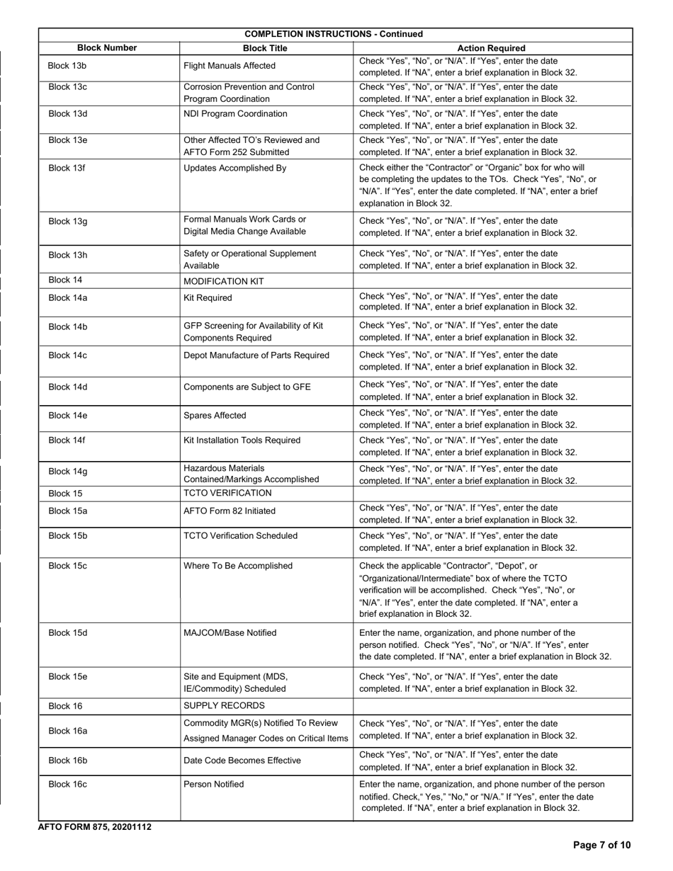 AFTO Form 875 Time Compliance Technical Order Programming Document, Page 7