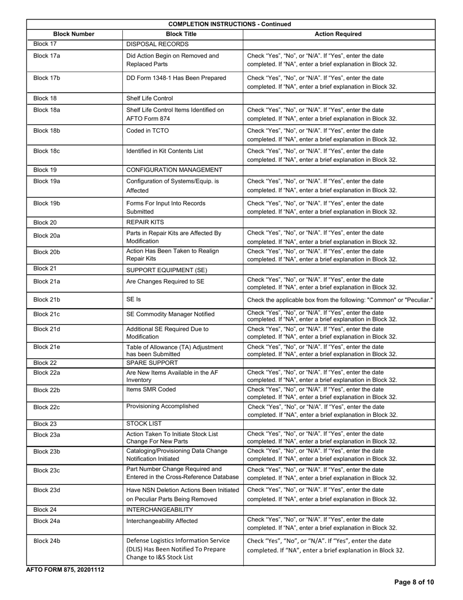 AFTO Form 875 Time Compliance Technical Order Programming Document, Page 8