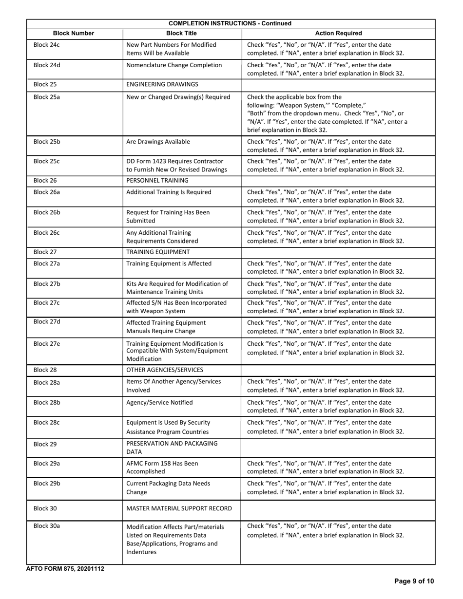 AFTO Form 875 Time Compliance Technical Order Programming Document, Page 9