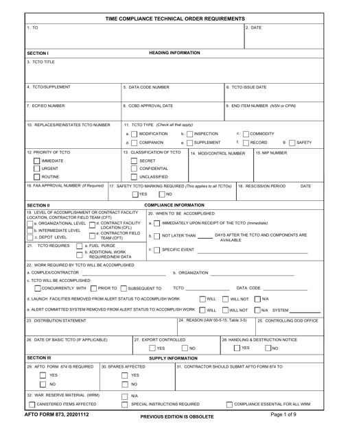 AFTO Form 873  Printable Pdf