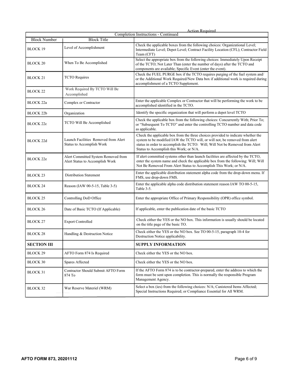 AFTO Form 873 Time Compliance Technical Order Requirements, Page 6