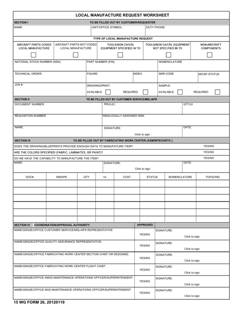 15 WG Form 26 Local Manufacture Request Worksheet