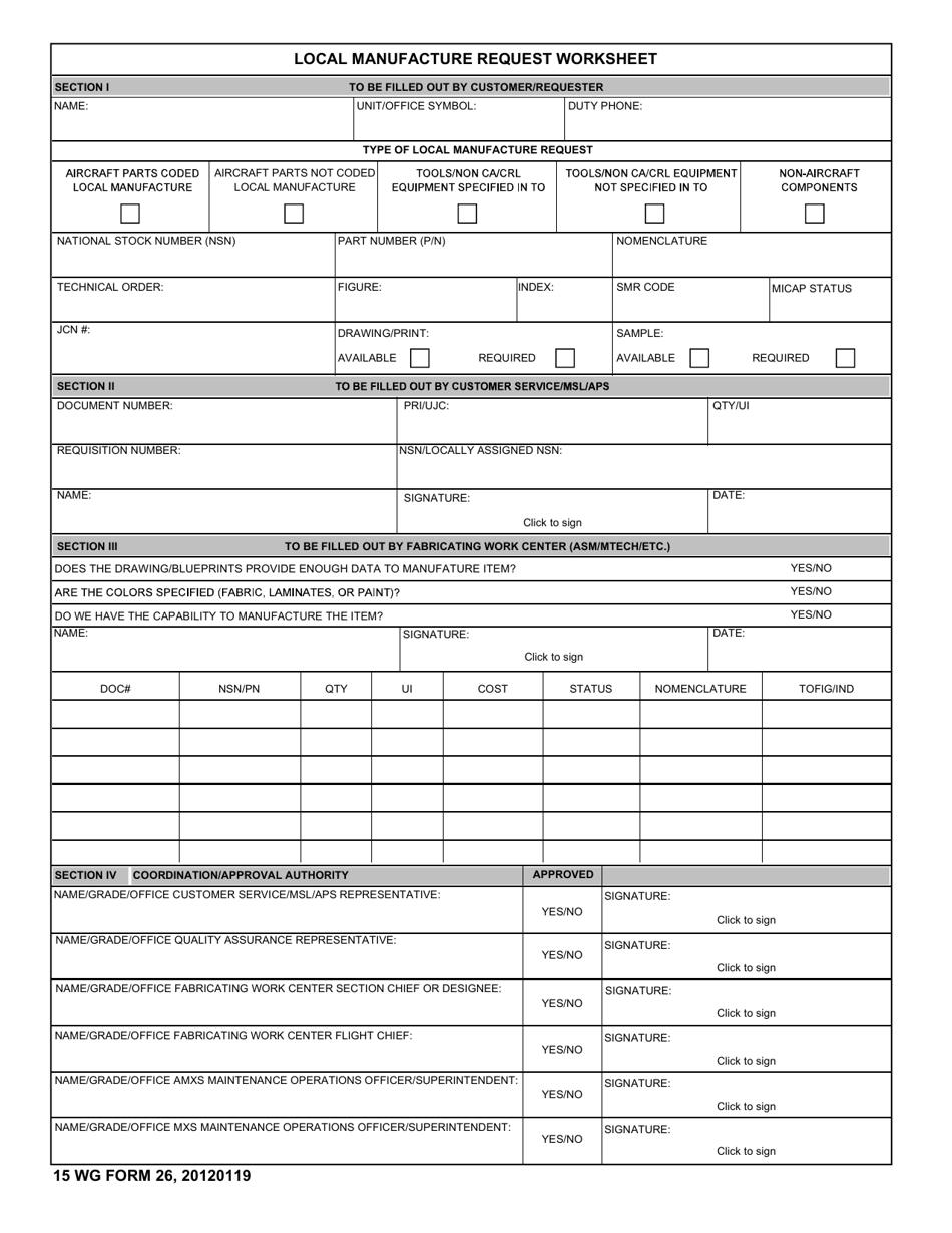 15 WG Form 26 Local Manufacture Request Worksheet, Page 1