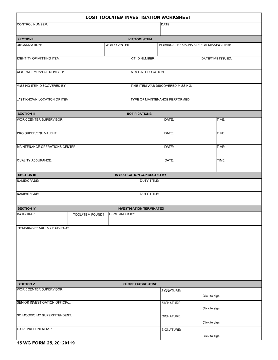 15 WG Form 25 Lost Tool / Item Investigation Worksheet, Page 1