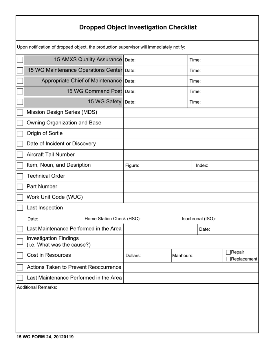 15 WG Form 24 Dropped Object Investigation Checklist, Page 1