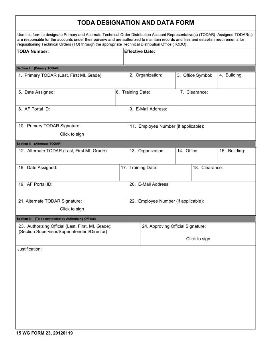 15 WG Form 23 Toda Designation and Data Form, Page 1