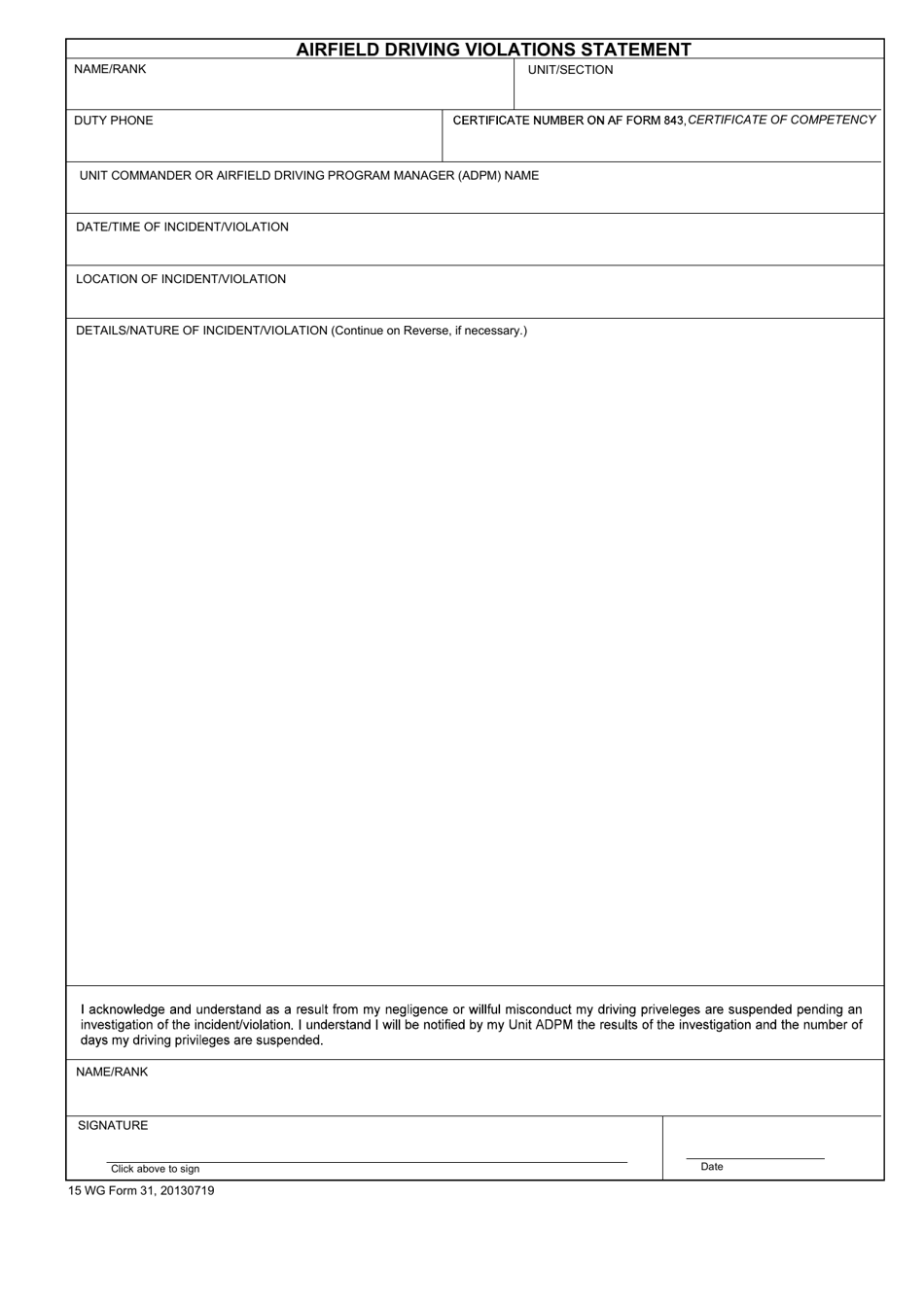 15 WG Form 31 Airfield Driving Violations Statement, Page 1