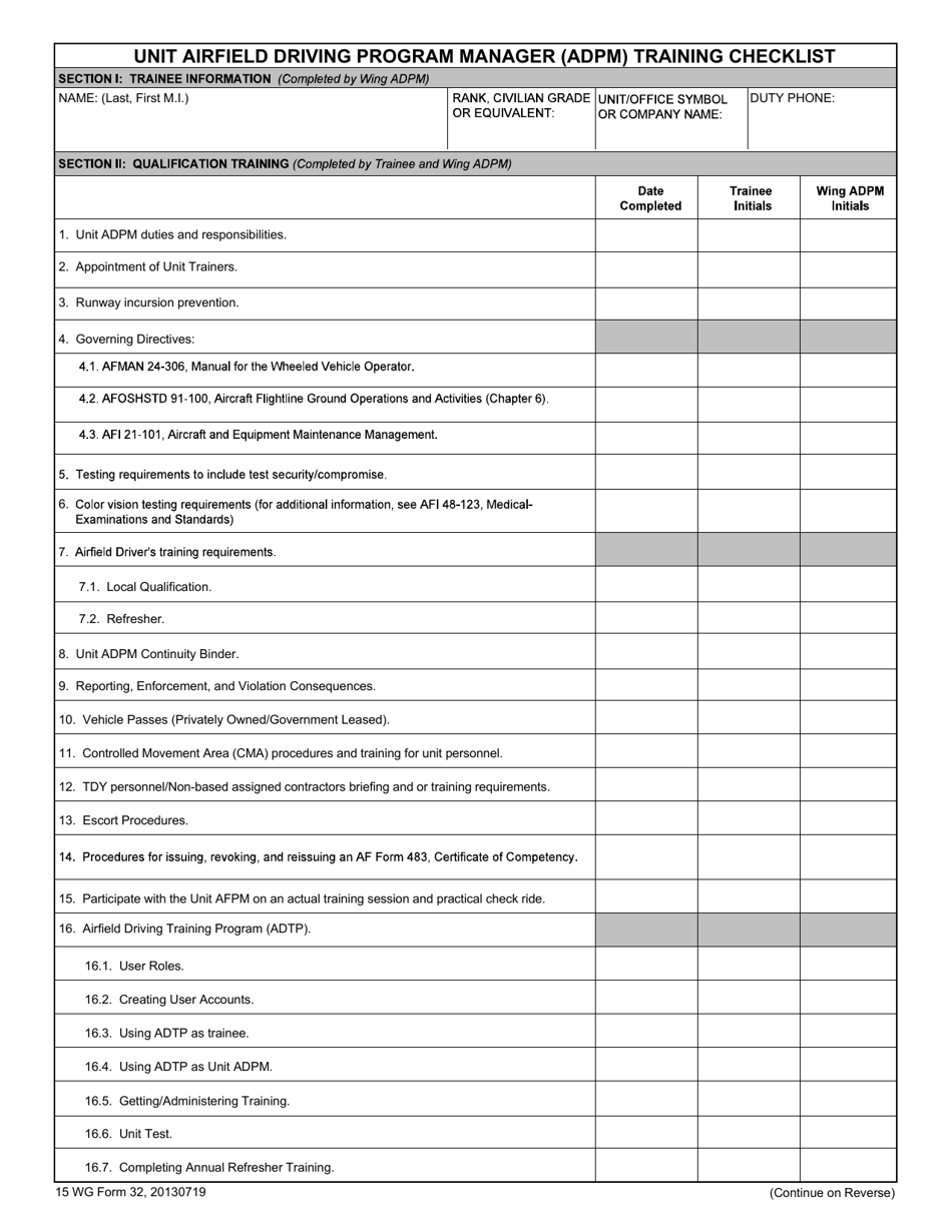 15 WG Form 32 Unit Airfield Driving Program Manager (Adpm) Training Checklist, Page 1