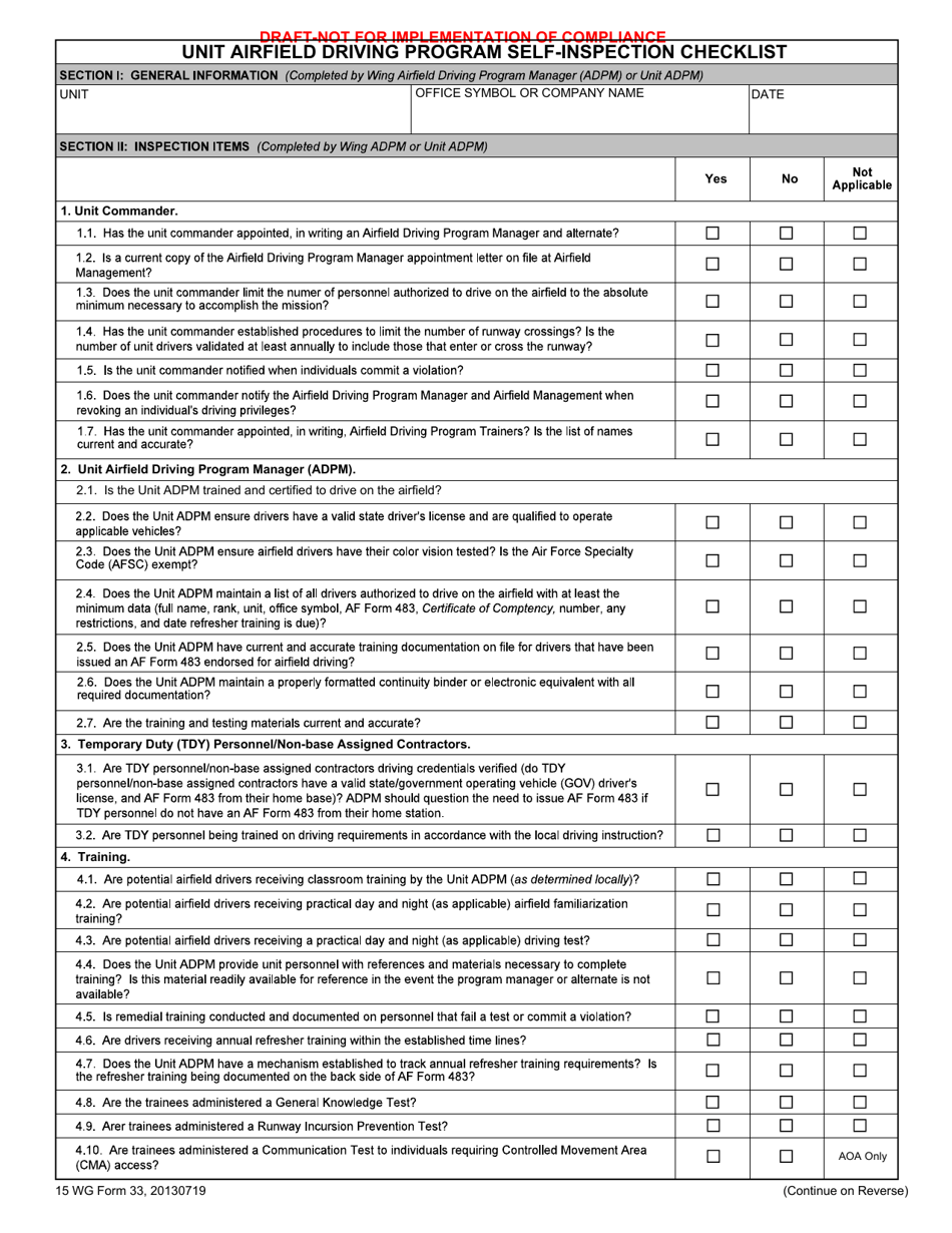 15 WG Form 32 Unit Airfield Driving Program Self-inspection Checklist, Page 1