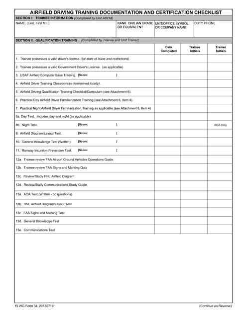 15 WG Form 34 Airifield Driving Training Documentation and Certification Checklist