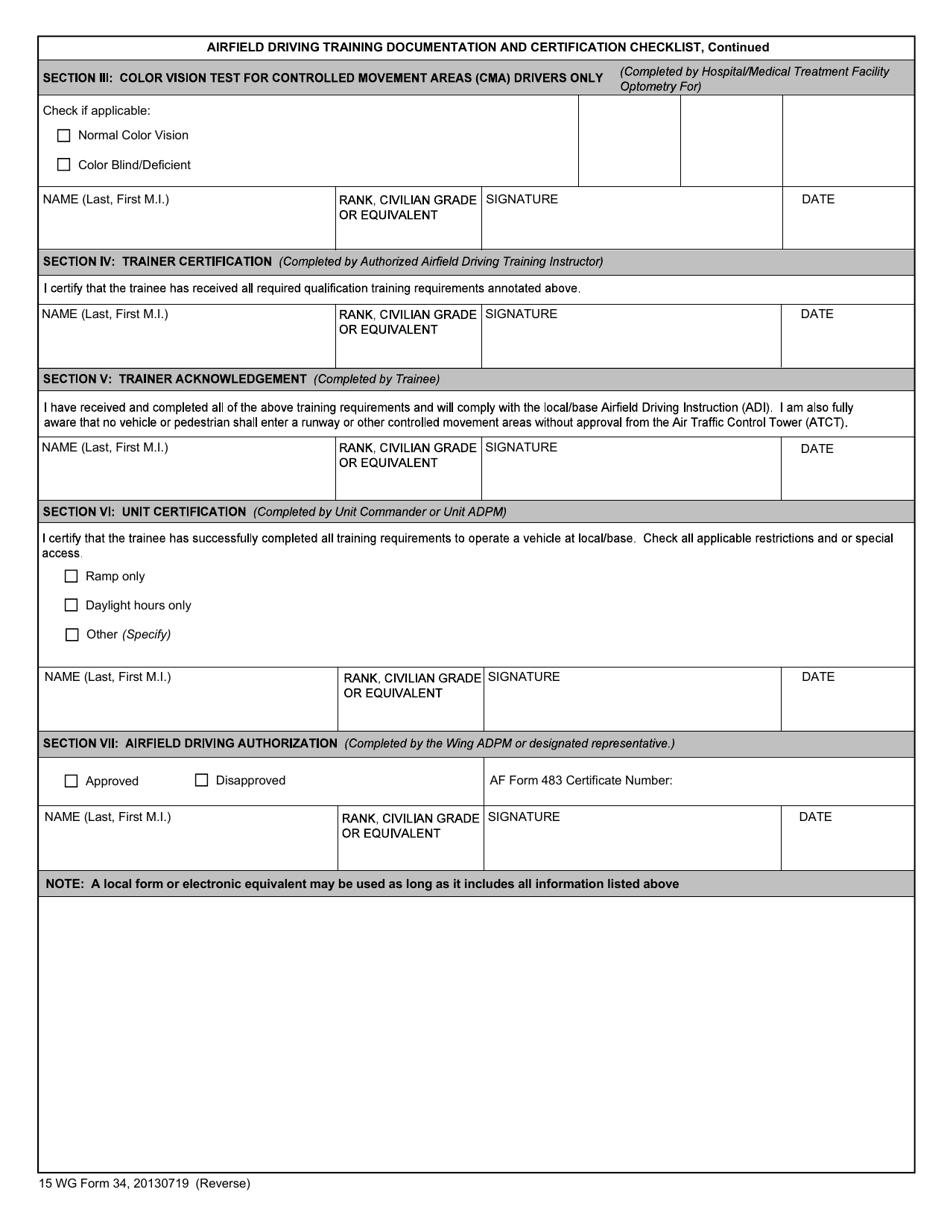 15 WG Form 34 Airifield Driving Training Documentation and Certification Checklist, Page 2