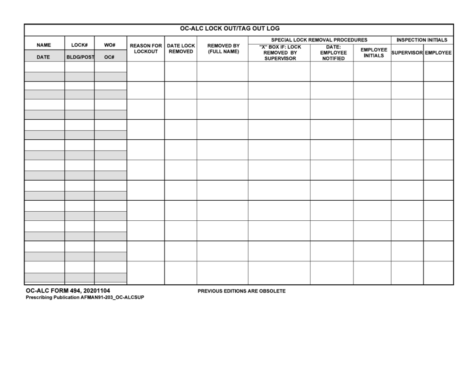 OC-ALC Form 494 Oc-Alc Lock out / Tag out Log, Page 1