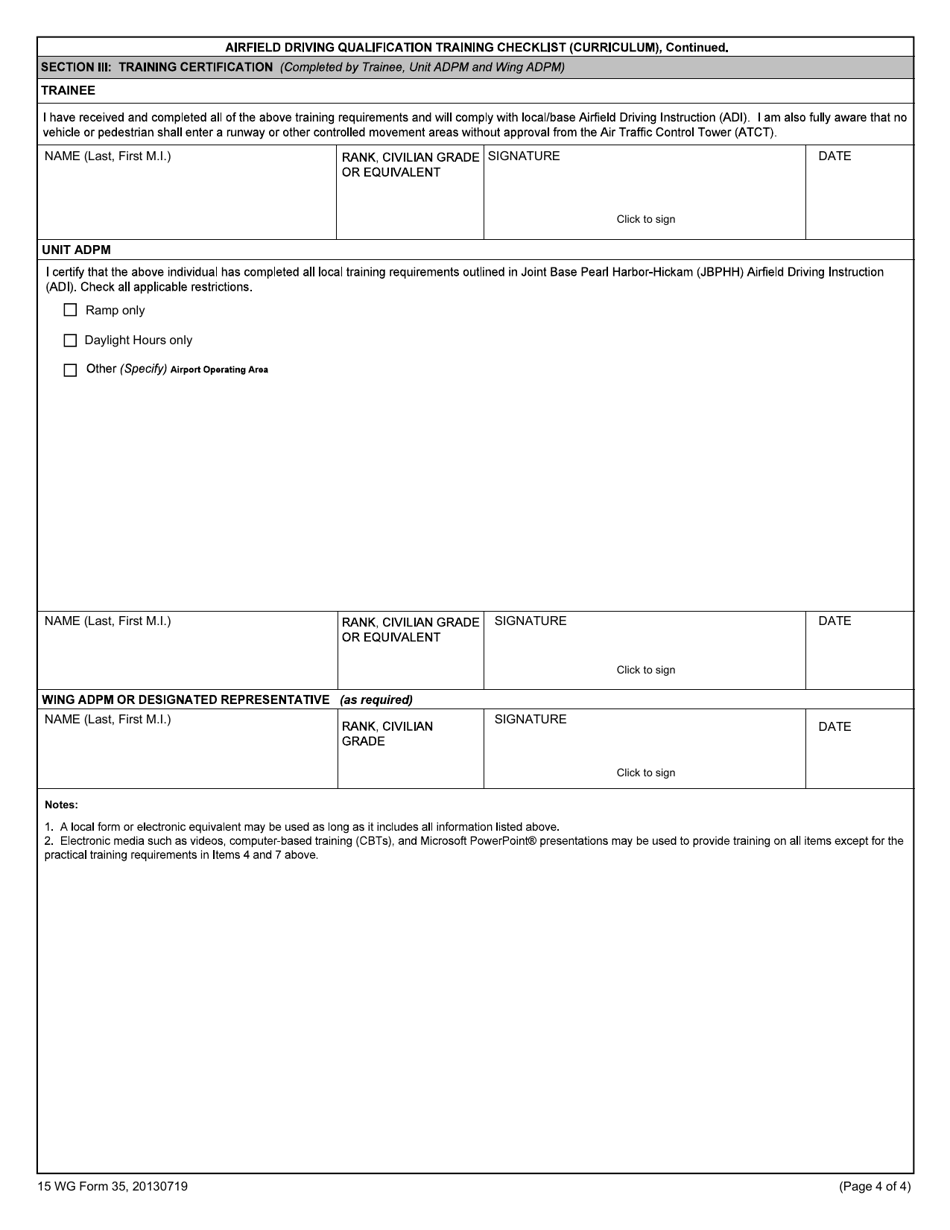 15 WG Form 35 Airfield Driving Qualification Training Checklist (Curriculum), Page 4