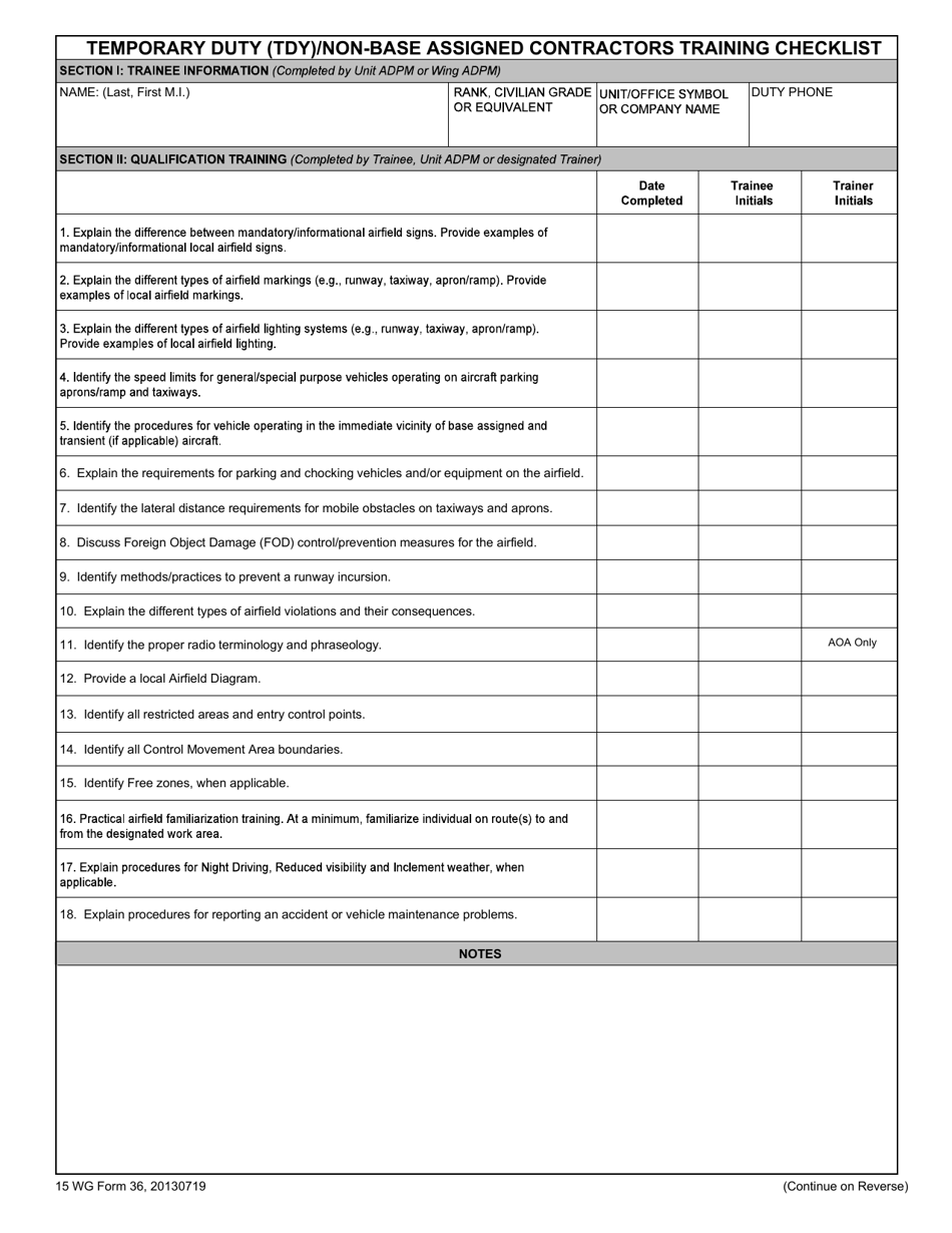 15 WG Form 36 Temporary Duty (TDY) / Non-base Assigned Contractors Training Checklist, Page 1