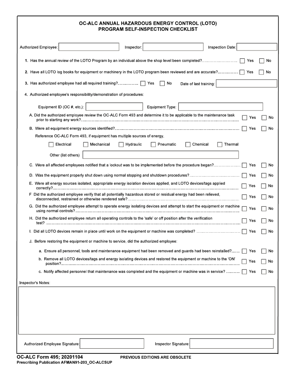 OC-ALC Form 495 Oc-Alc Annual Hazardous Energy Control (Loto) Program Self-inspection Checklist, Page 1